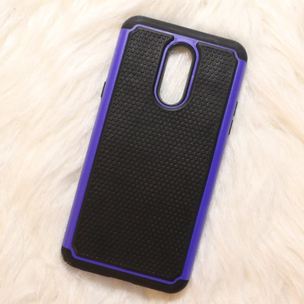 LG Stylo 5 Black Phone Case with Blue Trim - Textured Grip, Screen Protector